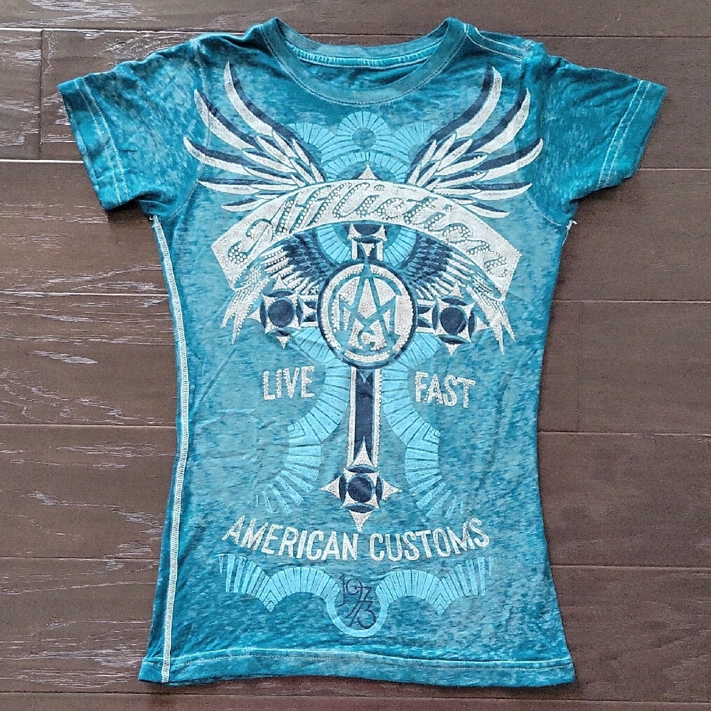 Affliction Teal Winged Cross Tee